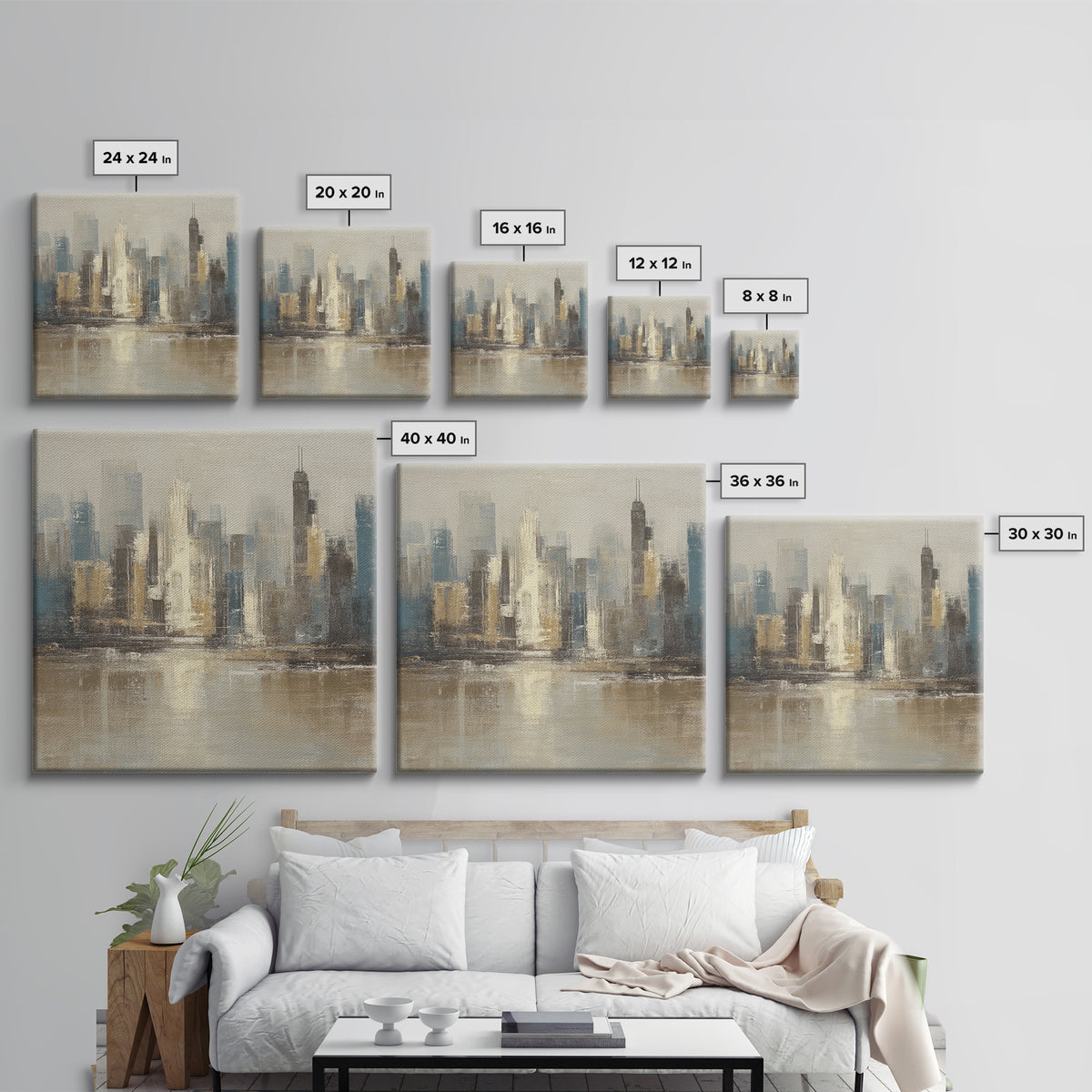 Quiet City Skyline Reduced to Elegant Shapes Canvas Print, Above Sofa Art, Bedroom Wall Art, Living Room Decor, Statement, ASA-1x1-70