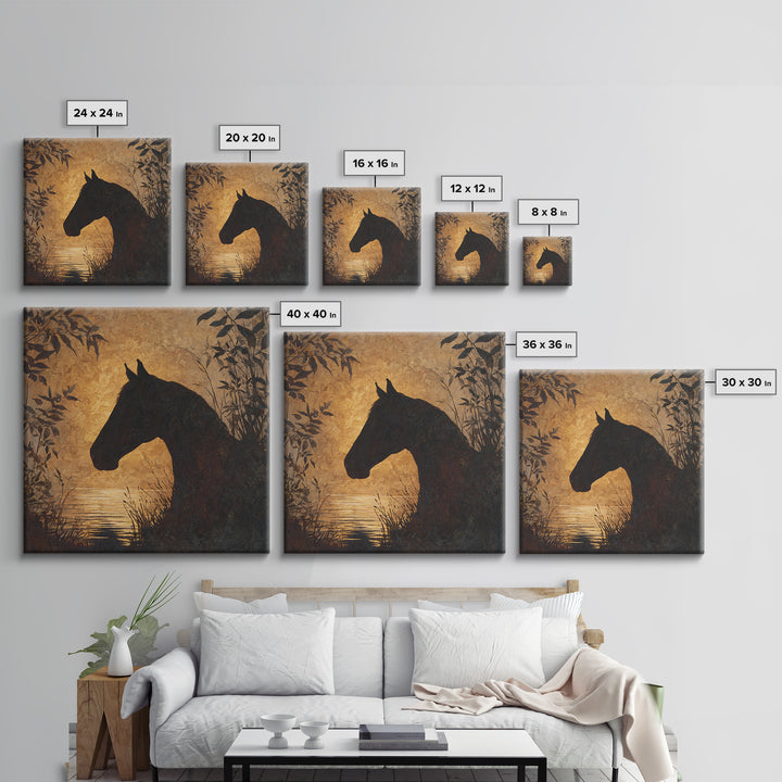 Statement Horse Silhouette Canvas Print, Above Sofa Art, Botanical Wall Art, Living Room Decor, Fine Art, Statement, ASA-1x1-85