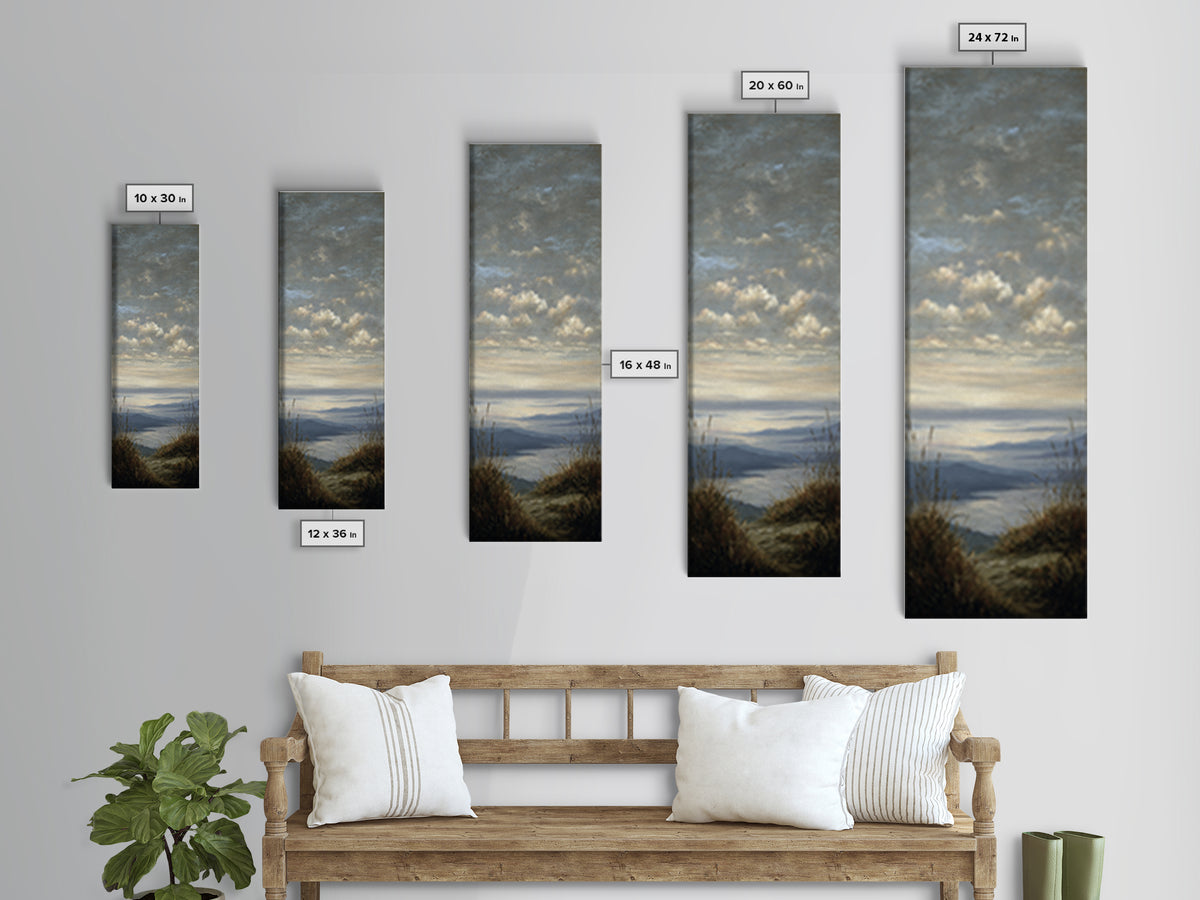Dramatic Cloudscape over a Distant Valley Canvas Print, Above Sofa Art, Boho Wall Art, Living Room Decor, Watercolor Art, ASA-1x3-41