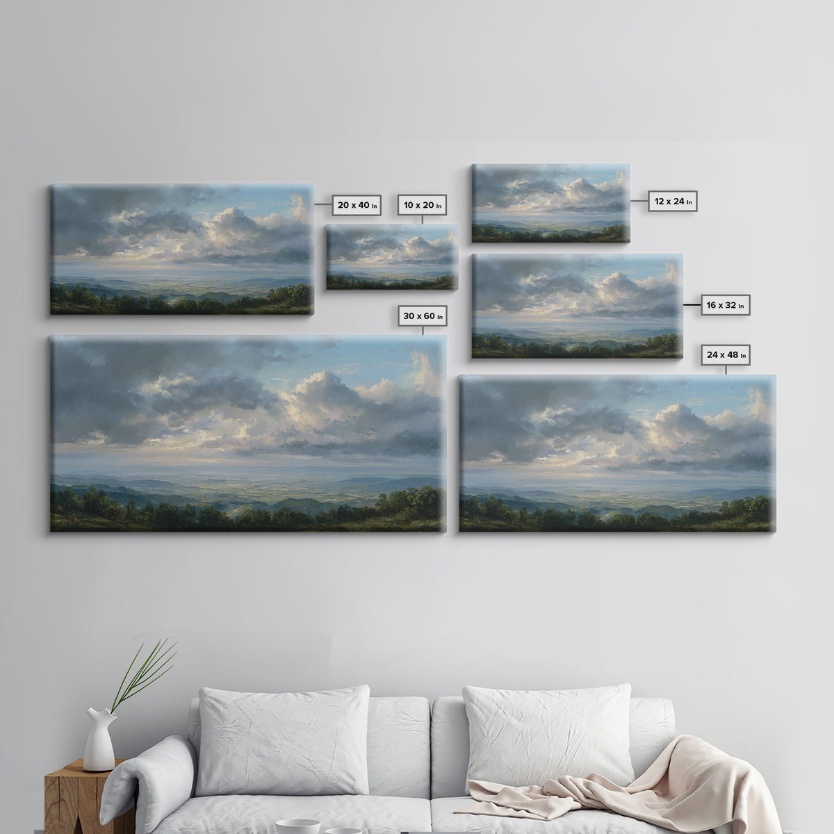 Dramatic Cloudscape over a Distant Valley Framed Canvas Print, Above Sofa Art, Living Room Decor, Oil Painting, Statement, ASA-2x1-25