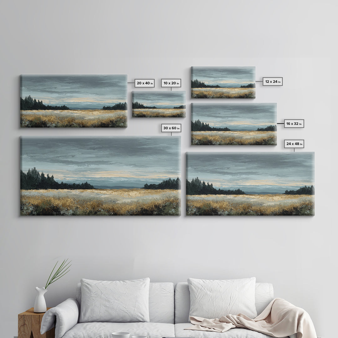 Wide Olive and Beige Meadow Panorama Framed Canvas Print, Above Sofa Art, Modern Decor, Living Room Decor, Oil Painting, ASA-2x1-30