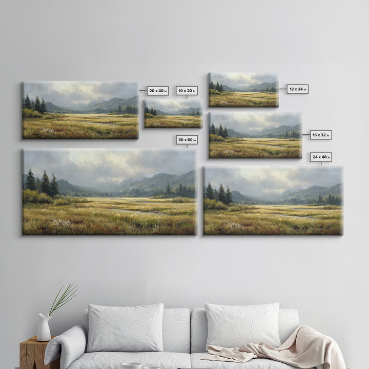 Wide Olive and Beige Meadow Panorama Framed Canvas Print, Above Sofa Art, Modern Decor, Living Room Decor, Oil Painting, ASA-2x1-6
