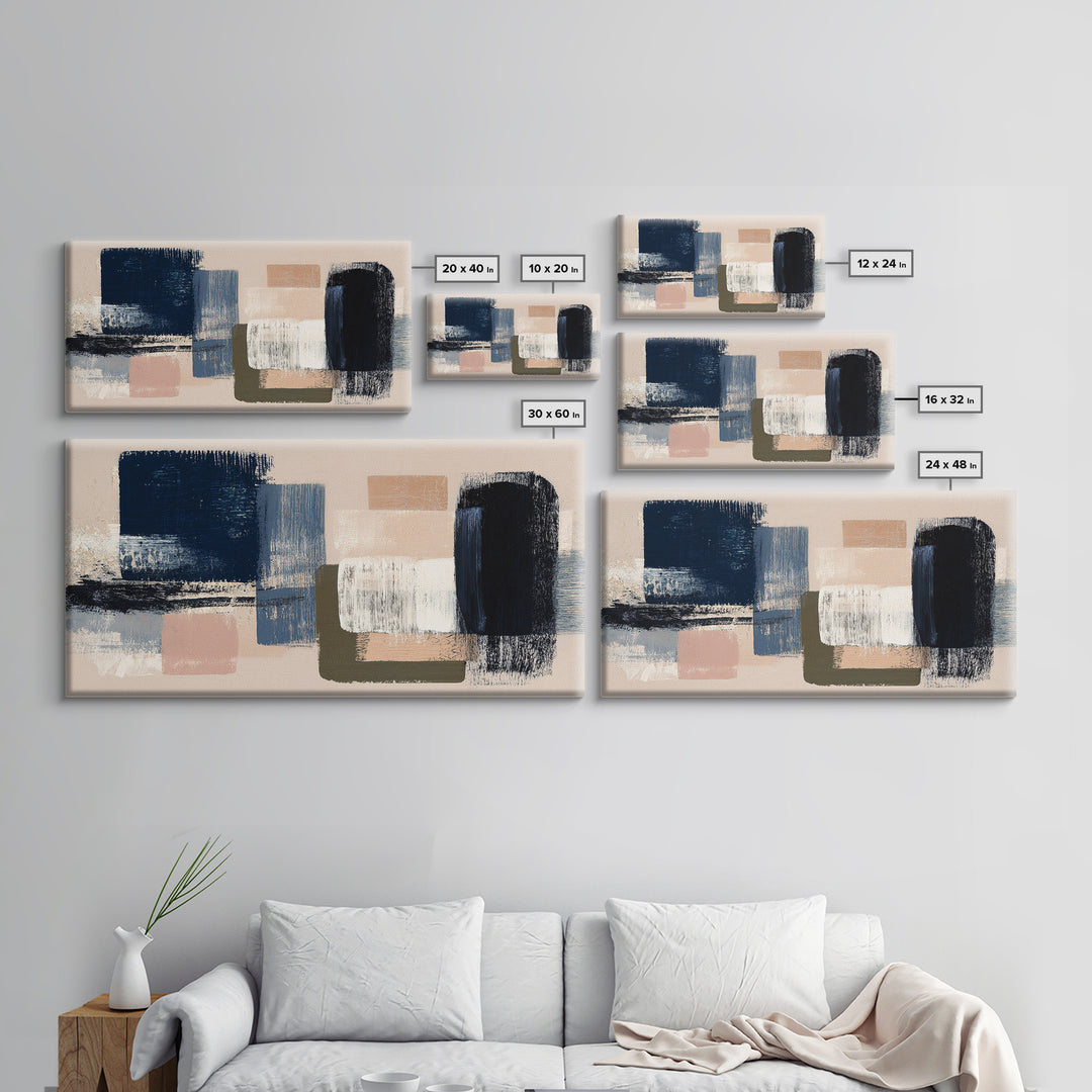 Bold Navy and Ivory Abstract Brushwork Canvas Print, Above Sofa Art, Textured Painting, Living Room Decor, Statement, ASA-2x1-86