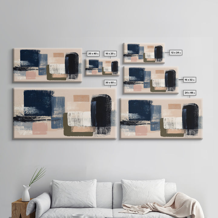 Bold Navy and Ivory Abstract Brushwork Canvas Print, Above Sofa Art, Textured Painting, Living Room Decor, Statement, ASA-2x1-86