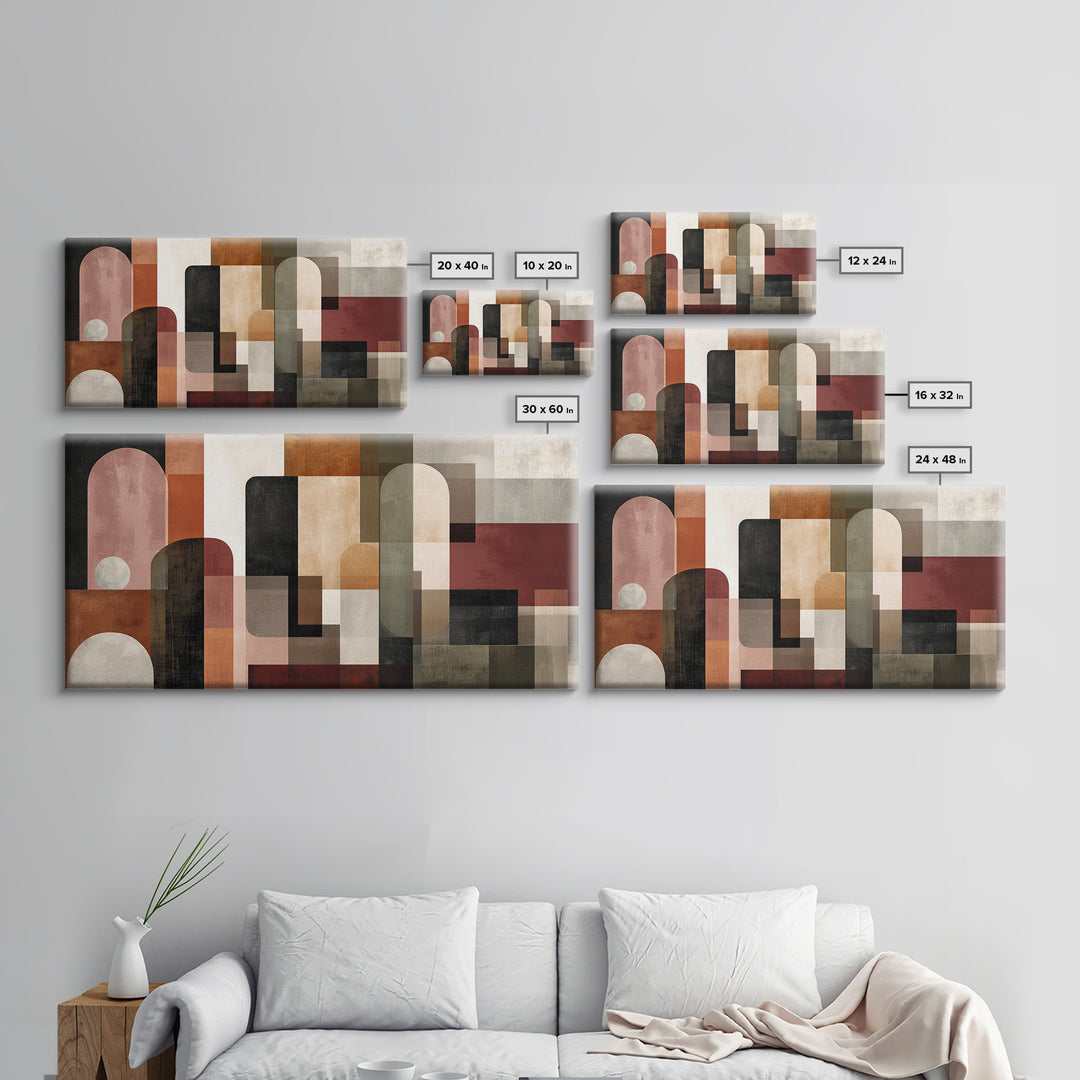 Bold Mid Century Geometric Forms Framed Canvas Print, Above Sofa Art, Bedroom Wall Art, Living Room Decor, Fine Art, Statement, ASA-2x1-96