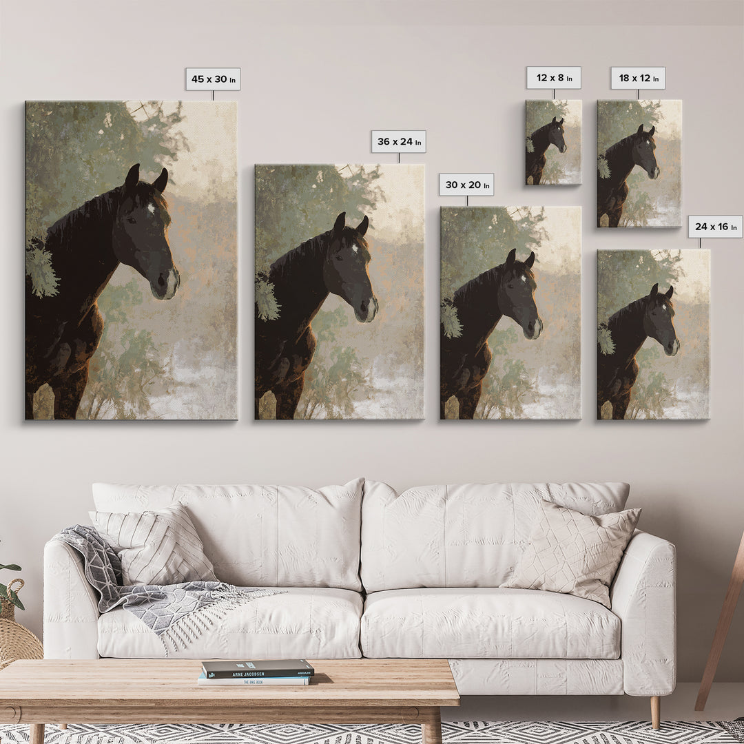 Statement Horse Silhouette Framed Canvas Print, Above Sofa Art, Mid Century Modern, Living Room Decor, Fine Art, Statement, ASA-2x3-69