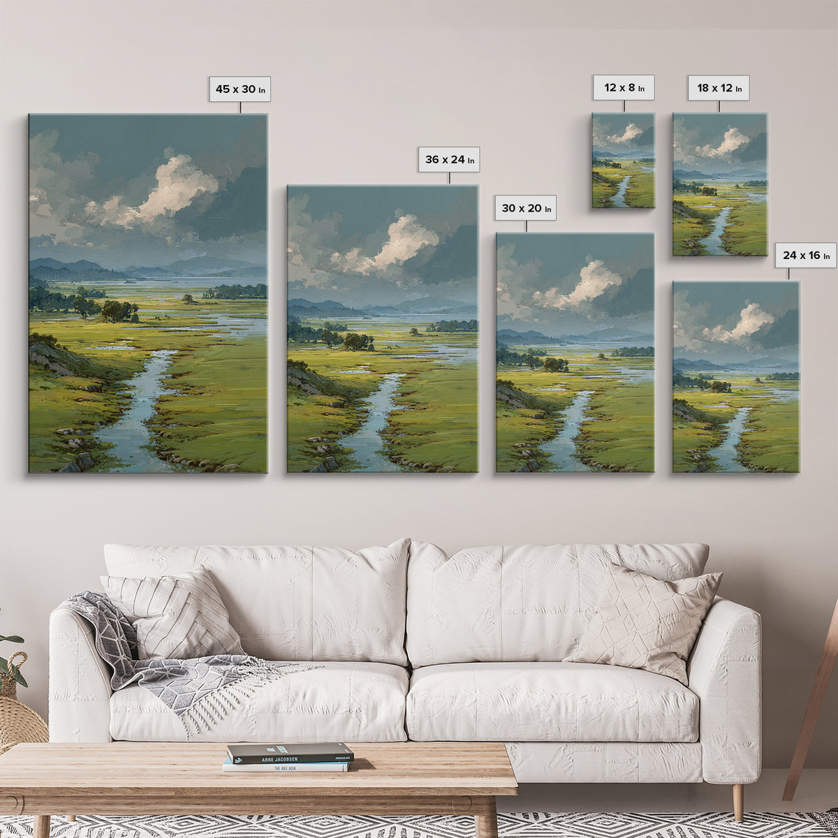 Wide Olive and Beige Meadow Panorama Framed Canvas Print, Above Sofa Art, Living Room Decor, Oil Painting, Statement, ASA-2x3-90