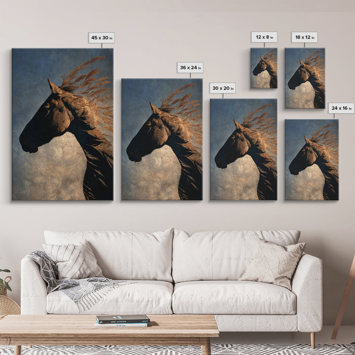 Statement Horse Silhouette Framed Canvas Print, Above Sofa Art, Mid Century Modern, Living Room Decor, Fine Art, Statement, ASA-2x3-93