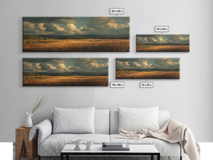 Wide Olive and Beige Meadow Panorama Framed Canvas Print, Above Sofa Art, Wall Art, Living Room Decor, Fine Art, Statement, ASA-3x1-2