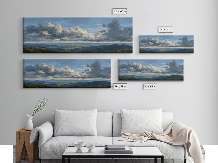 Dramatic Cloudscape over a Distant Valley Canvas Print, Above Sofa Art, Boho Wall Art, Living Room Decor, Watercolor Art, ASA-3x1-21