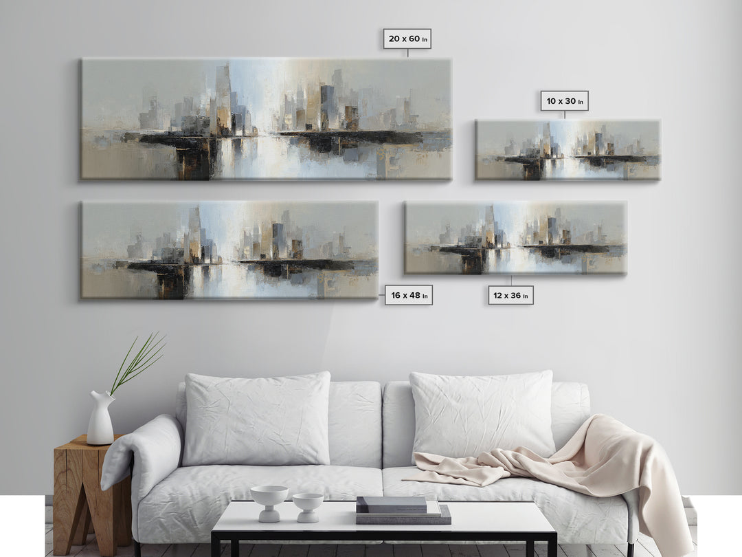 Quiet City Skyline Reduced to Elegant Shapes Canvas Print, Above Sofa Art, Mid Century Modern, Living Room Decor, Statement, ASA-3x1-38