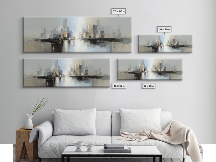 Quiet City Skyline Reduced to Elegant Shapes Canvas Print, Above Sofa Art, Mid Century Modern, Living Room Decor, Statement, ASA-3x1-38