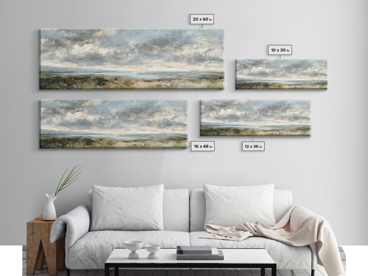 Dramatic Cloudscape over a Distant Valley Canvas Print, Above Sofa Art, Boho Wall Art, Living Room Decor, Watercolor Art, ASA-3x1-45