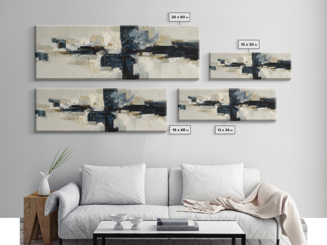 Bold Navy and Ivory Abstract Brushwork Framed Canvas Print, Above Sofa Art, Farmhouse Decor, Living Room Decor, Statement, ASA-3x1-58