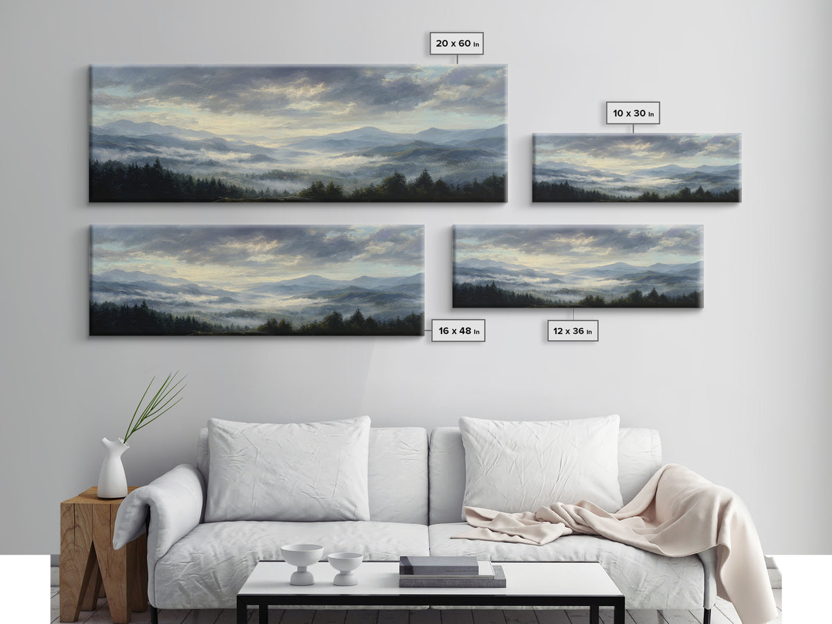 Dramatic Cloudscape over a Distant Valley Framed Canvas Print, Above Sofa Art, Canvas Print, Living Room Decor, Statement, ASA-3x1-69