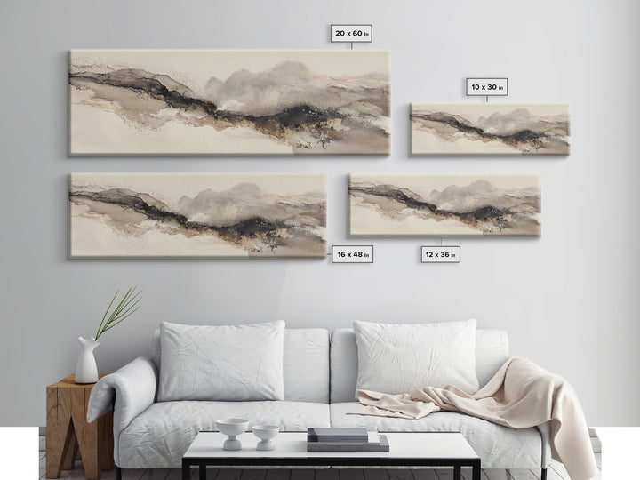 Minimal Black Ink Composition Framed Canvas Print, Above Sofa Art, Minimalist Decor, Living Room Decor, Fine Art, Statement, ASA-3x1-72