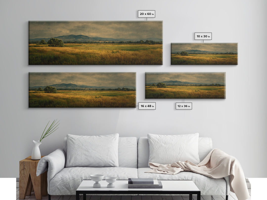 Wide Olive and Beige Meadow Panorama Framed Canvas Print, Above Sofa Art, Boho Wall Art, Living Room Decor, Fine Art, Statement, ASA-3x1-74