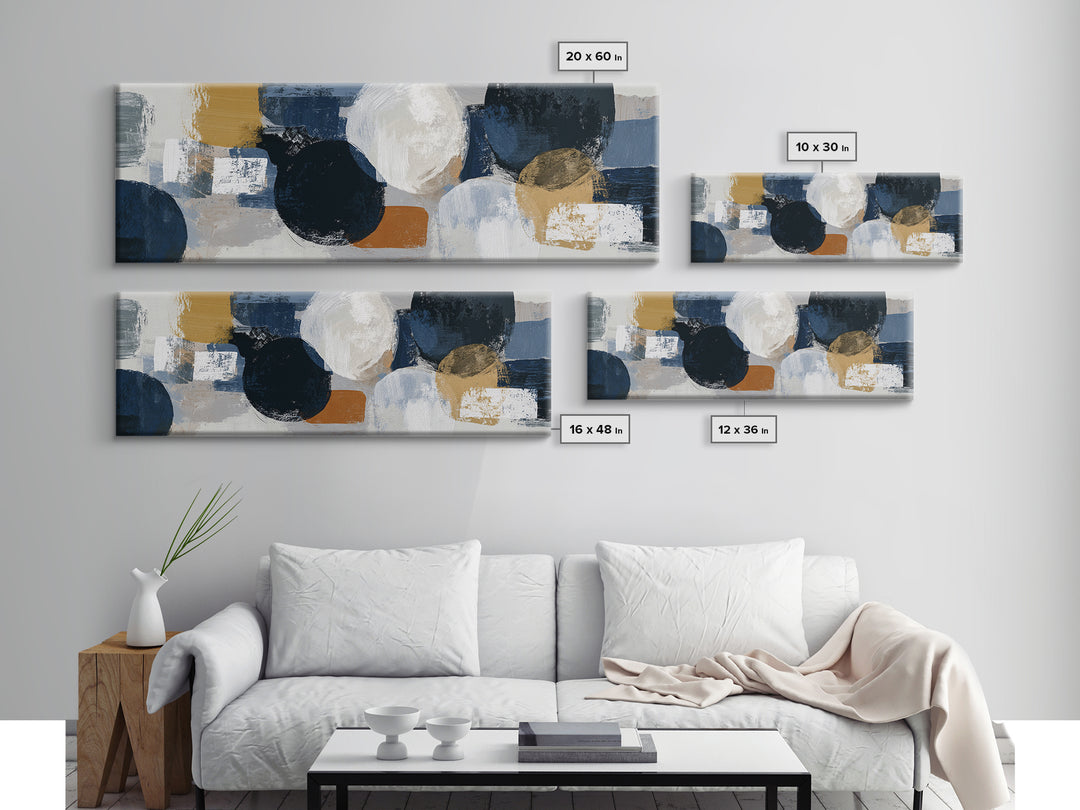 Bold Navy and Ivory Abstract Brushwork Framed Canvas Print, Above Sofa Art, Farmhouse Decor, Living Room Decor, Statement, ASA-3x1-82