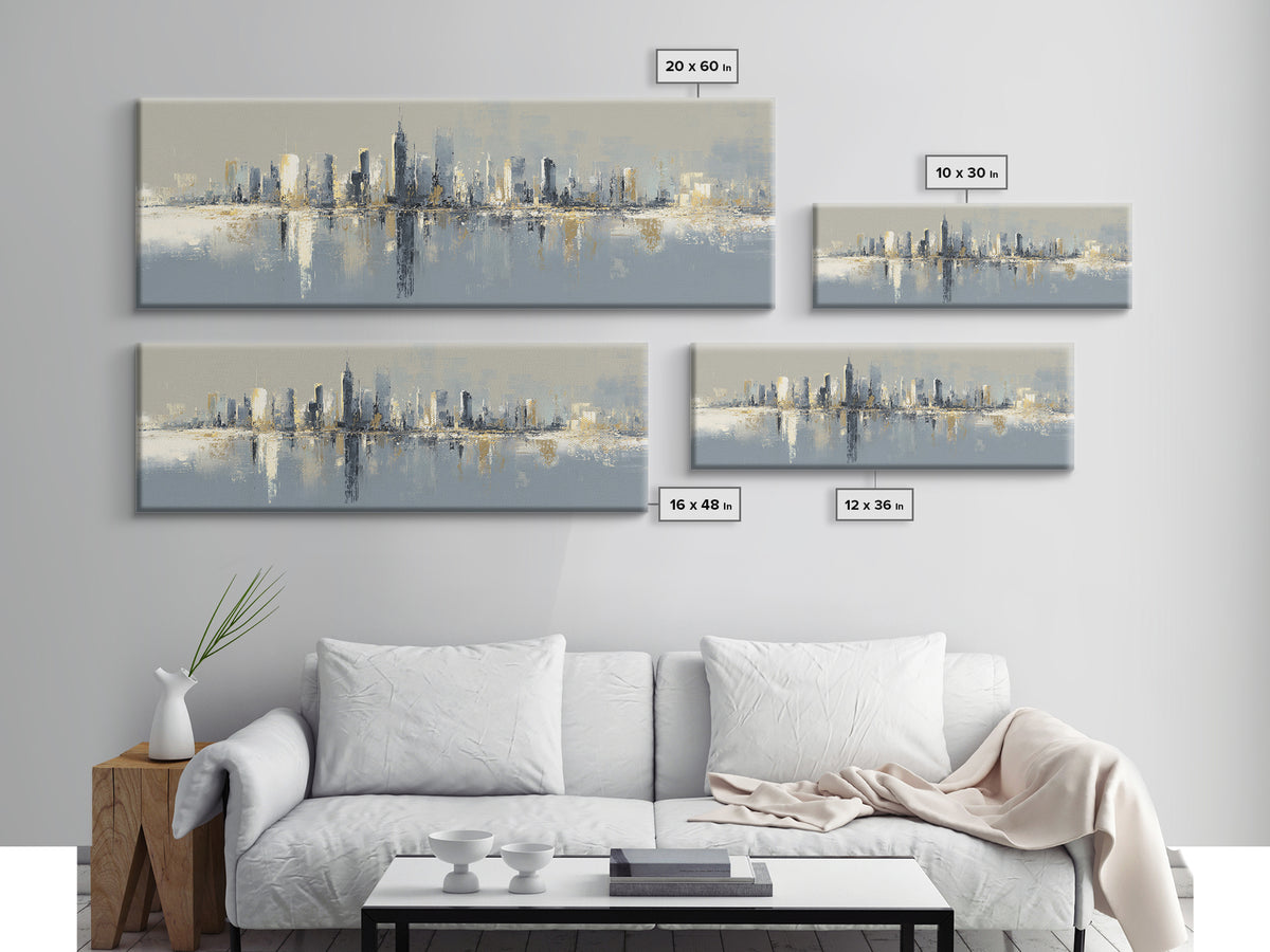 Quiet City Skyline Reduced to Elegant Shapes Canvas Print, Above Sofa Art, Living Room Decor, Abstract Art, Statement, ASA-3x1-86