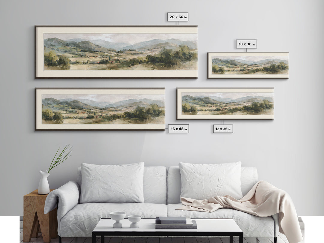 Sunlit Rolling Hills Framed Canvas Print, Above Sofa Art, Mid Century Modern, Living Room Decor, Fine Art, Statement, ASA-3x1-9