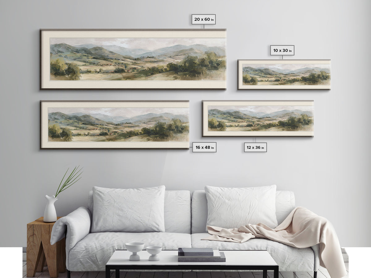 Sunlit Rolling Hills Framed Canvas Print, Above Sofa Art, Mid Century Modern, Living Room Decor, Fine Art, Statement, ASA-3x1-9