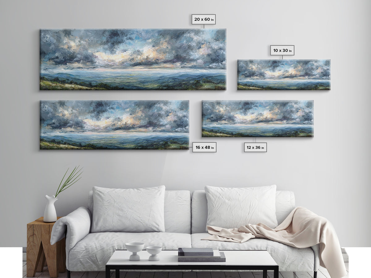 Dramatic Cloudscape over a Distant Valley Canvas Print, Above Sofa Art, Coastal Wall Art, Living Room Decor, Oil Painting, ASA-3x1-93