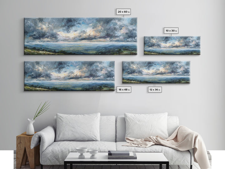 Dramatic Cloudscape over a Distant Valley Canvas Print, Above Sofa Art, Coastal Wall Art, Living Room Decor, Oil Painting, ASA-3x1-93