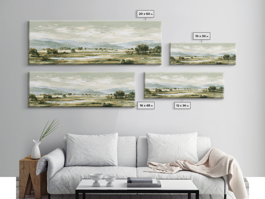 Wide Olive and Beige Meadow Panorama Canvas Print, Above Sofa Art, Canvas Print, Living Room Decor, Oil Painting, Statement, ASA-3x1-98