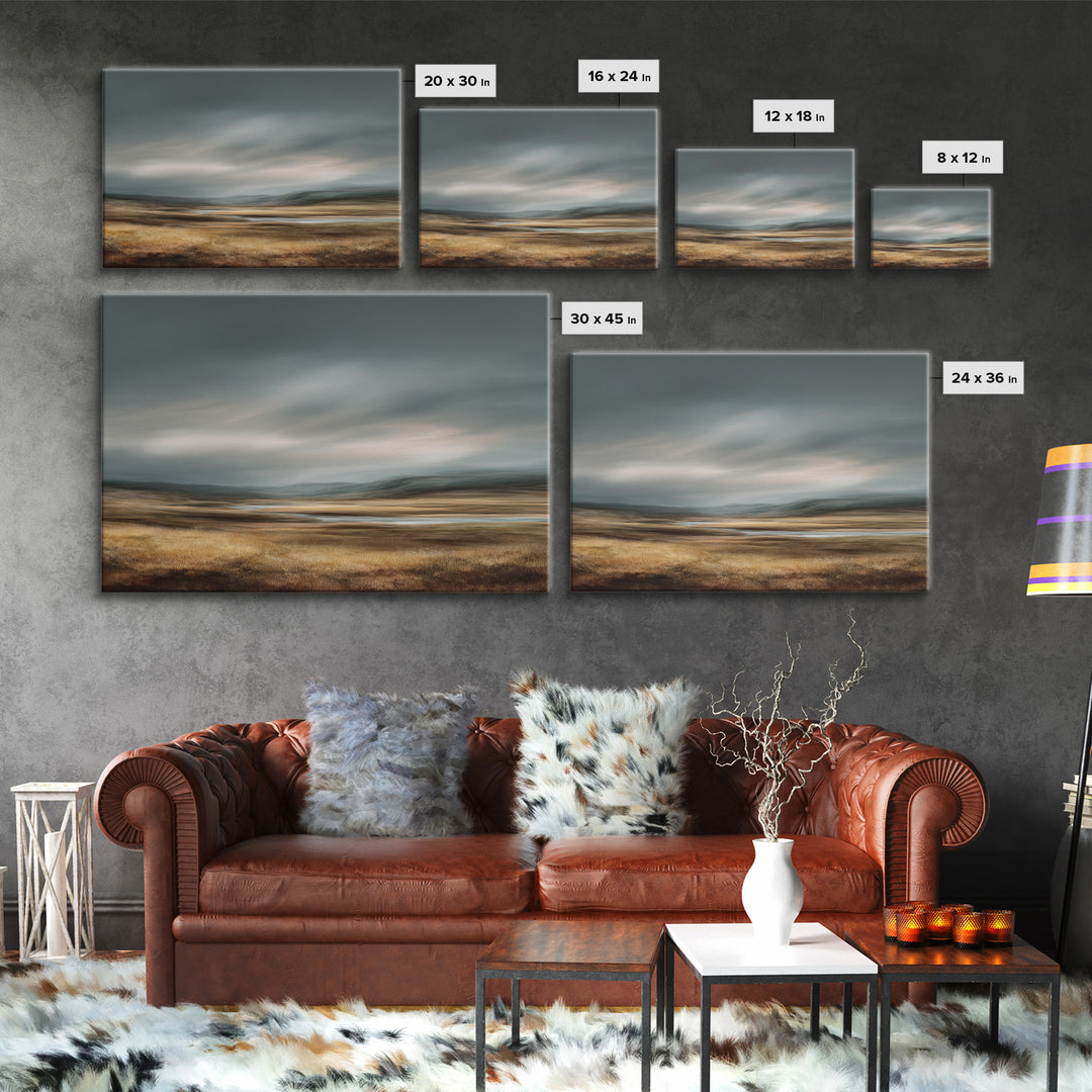 Wide Olive and Beige Meadow Panorama Framed Canvas Print, Above Sofa Art, Living Room Decor, Oil Painting, Statement, ASA-3x2-14
