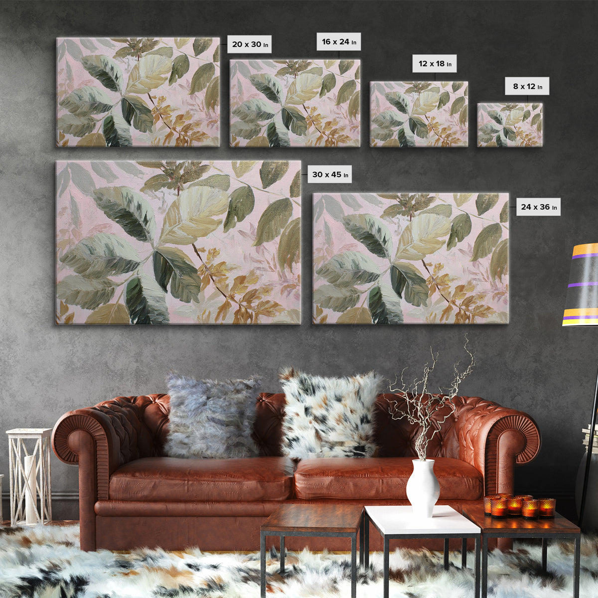 Large Botanical Leaves Canvas Print, Above Sofa Art, Set of 3 Wall Art, Living Room Decor, Oil Painting, Statement, ASA-3x2-49