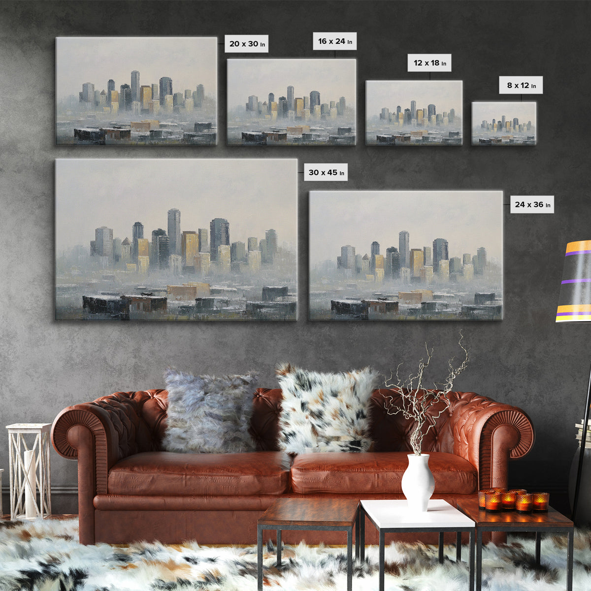 Quiet City Skyline Reduced to Elegant Shapes Canvas Print, Above Sofa Art, Abstract Wall Art, Living Room Decor, Statement, ASA-3x2-50