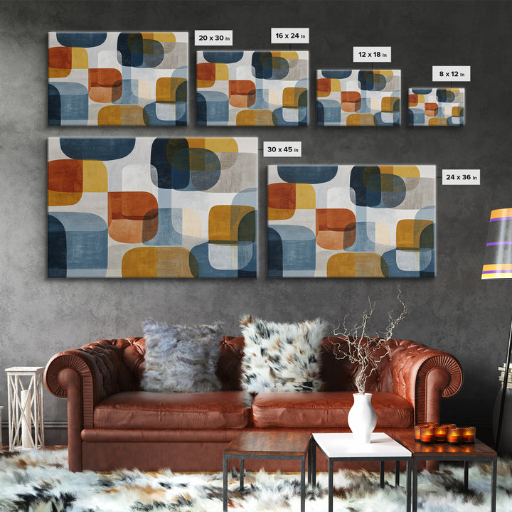 Bold Mid Century Geometric Forms Framed Canvas Print, Above Sofa Art, Floral Wall Art, Living Room Decor, Abstract Art, ASA-3x2-80