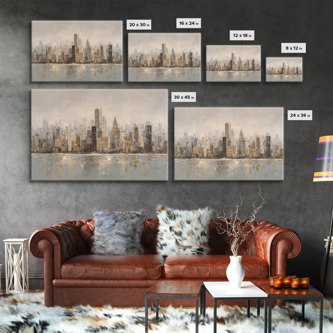 Quiet City Skyline Reduced to Elegant Shapes Canvas Print, Above Sofa Art, Watercolor Painting, Living Room Decor, Statement, ASA-3x2-98