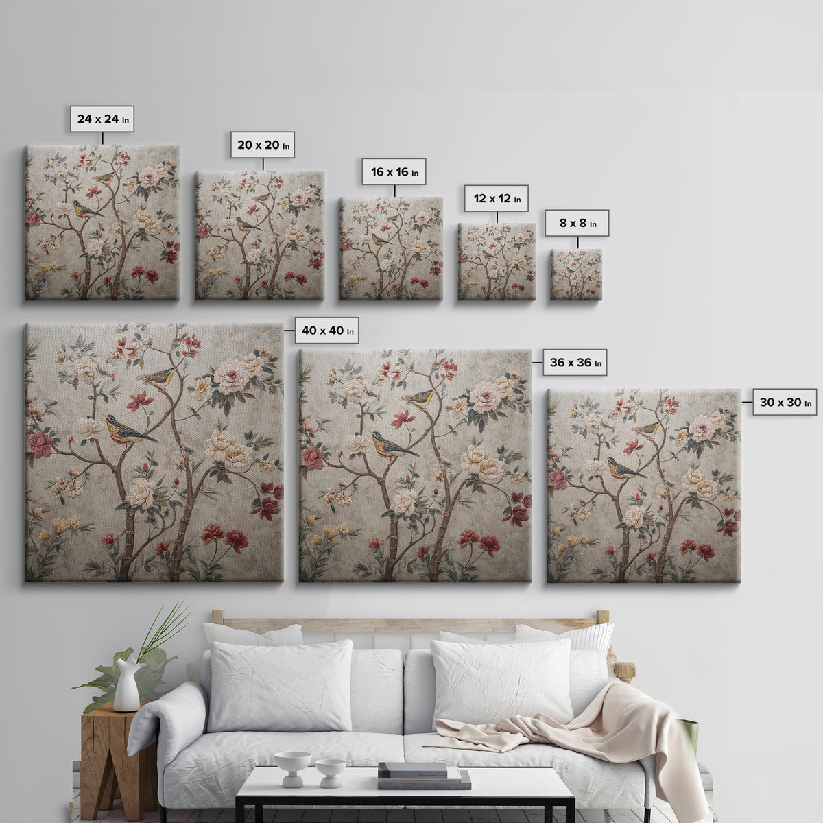 Fan Shaped Composition of Blossoms and Birds Canvas Print, Asian Inspired Art, Japanese Art Print, Living Room Decor, Harmony, ASI-1x1-17