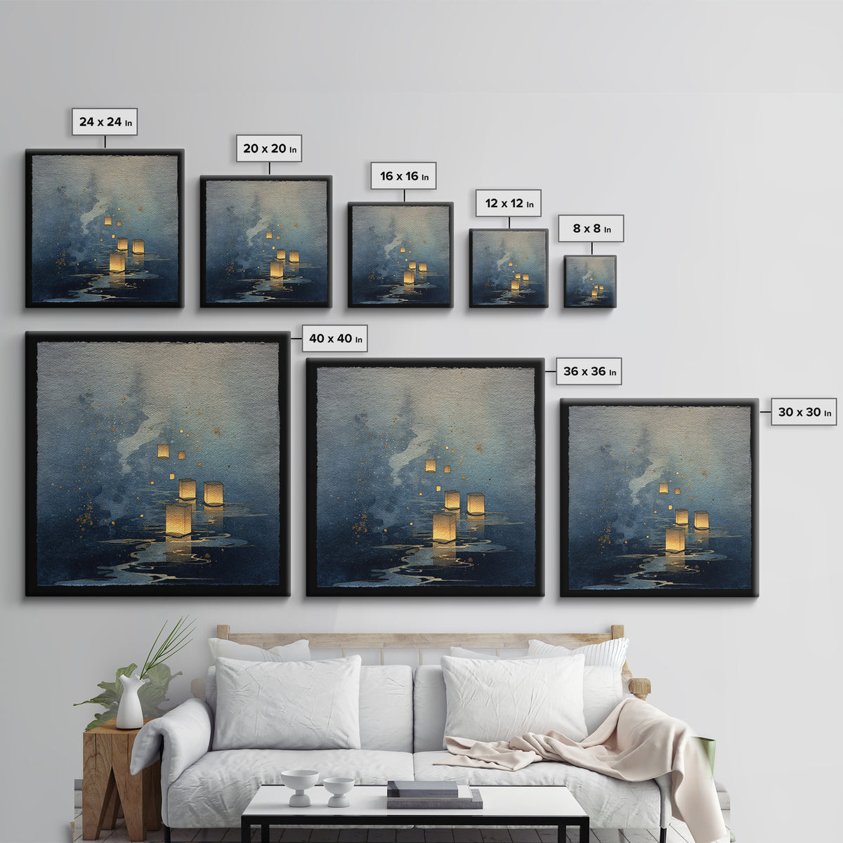 Floating Lanterns over Dark Water with Gentle Canvas Print, Asian Inspired Art, Bedroom Wall Decor, Living Room Decor, Harmony, ASI-1x1-19