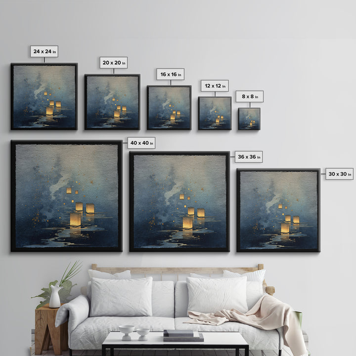 Floating Lanterns over Dark Water with Gentle Canvas Print, Asian Inspired Art, Bedroom Wall Decor, Living Room Decor, Harmony, ASI-1x1-19