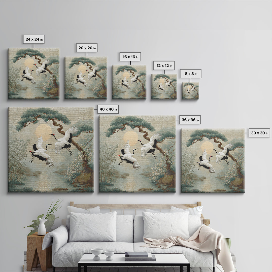 Red Crowned Cranes Flying Through Misty Pine Canvas Print, Asian Inspired Art, Modern Decor, Living Room Decor, Harmony, ASI-1x1-49