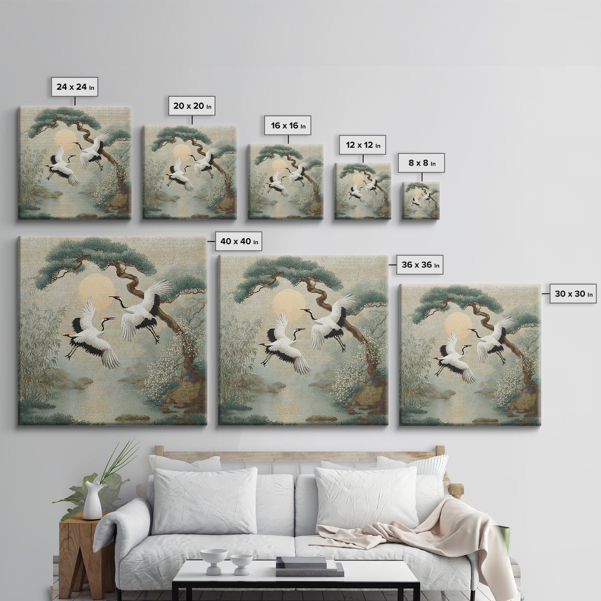Red Crowned Cranes Flying Through Misty Pine Canvas Print, Asian Inspired Art, Modern Decor, Living Room Decor, Harmony, ASI-1x1-49