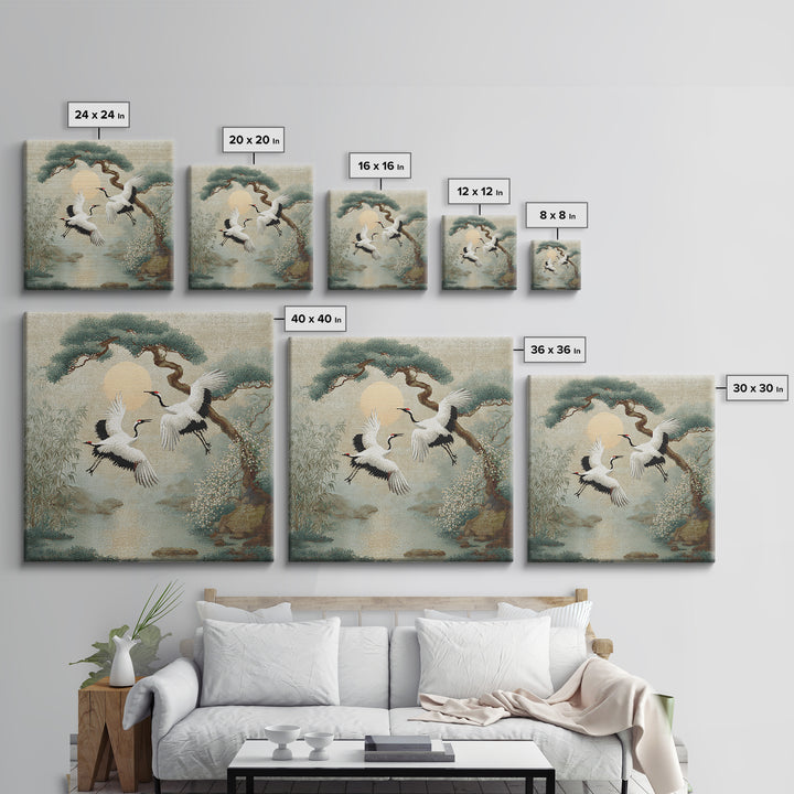 Red Crowned Cranes Flying Through Misty Pine Canvas Print, Asian Inspired Art, Modern Decor, Living Room Decor, Harmony, ASI-1x1-49
