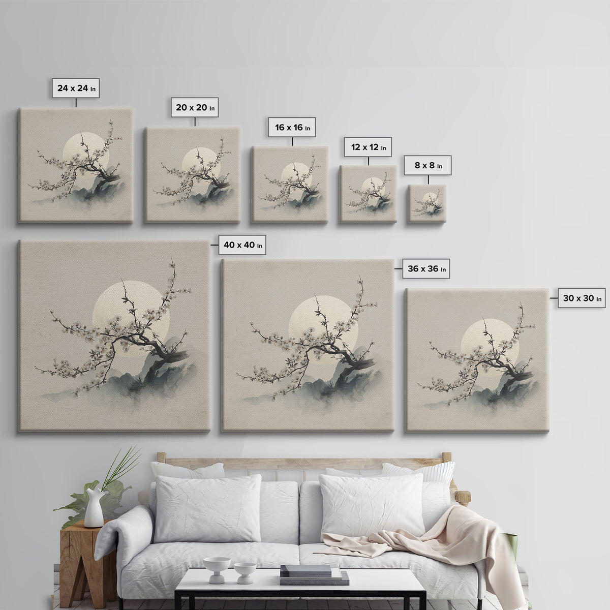 Plum Blossom Branch Painted Canvas Print, Asian Inspired Art, Neutral Wall Art, Living Room Decor, Fine Art, Harmony, ASI-1x1-60
