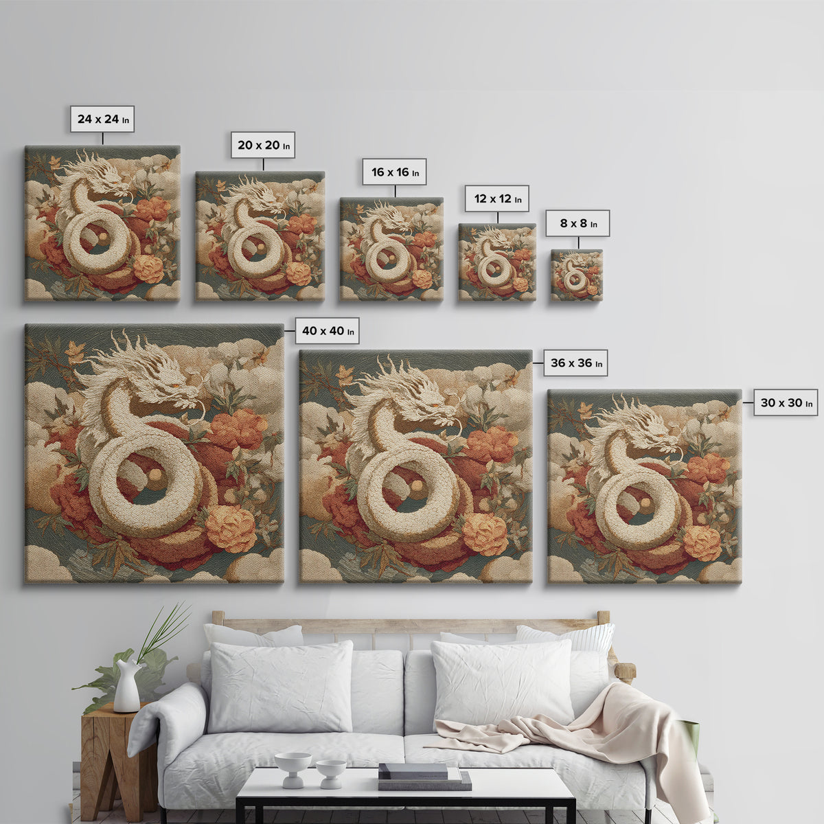 Dragon Curling Through Clouds Framed Canvas Print, Asian Inspired Art, Asian Wall Art, Living Room Decor, Oil Painting, Harmony, ASI-1x1-61