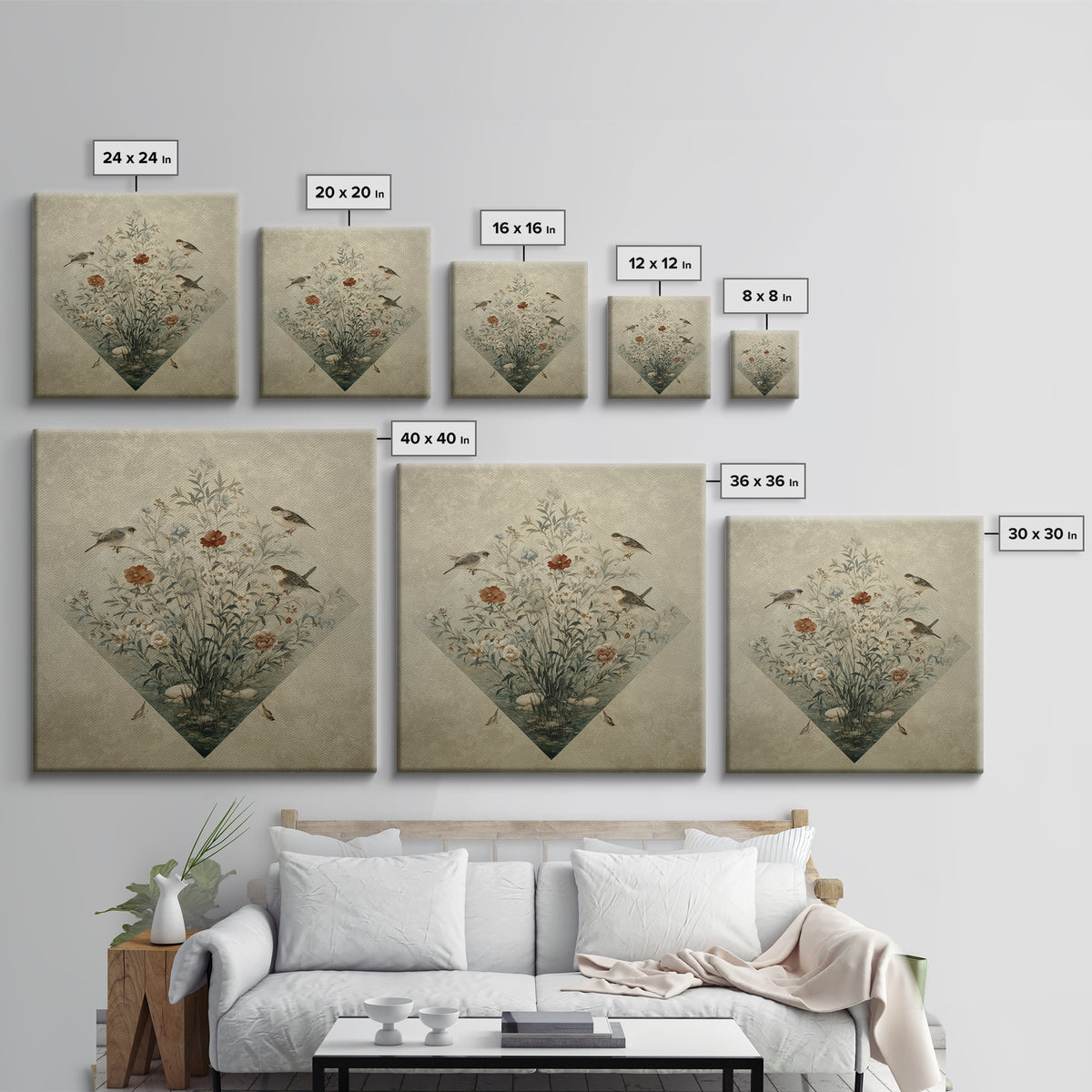 Fan Shaped Composition of Blossoms and Birds Canvas Print, Asian Inspired Art, Gallery Decor, Living Room Decor, Harmony, ASI-1x1-65