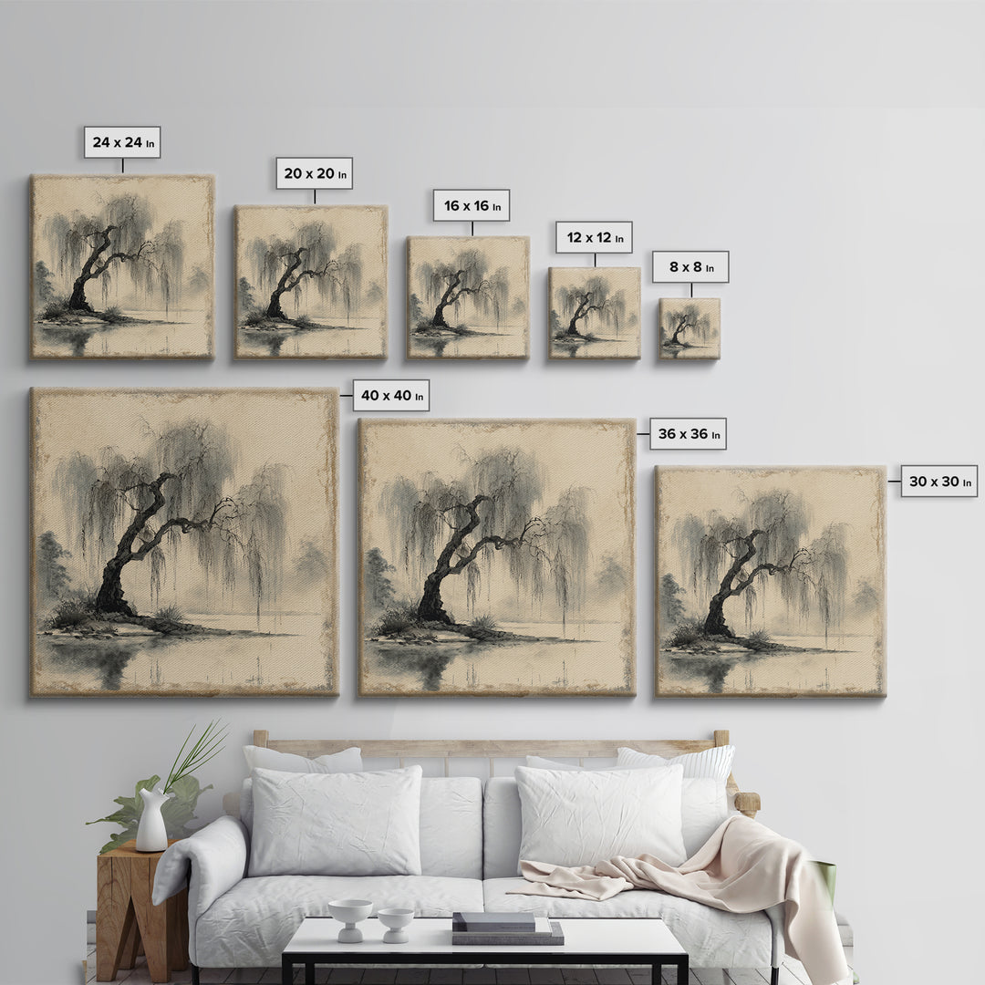 Willow Tree over a Reflective Pond Framed Canvas Print, Asian Inspired Art, Botanical Print, Living Room Decor, Abstract Art, ASI-1x1-66