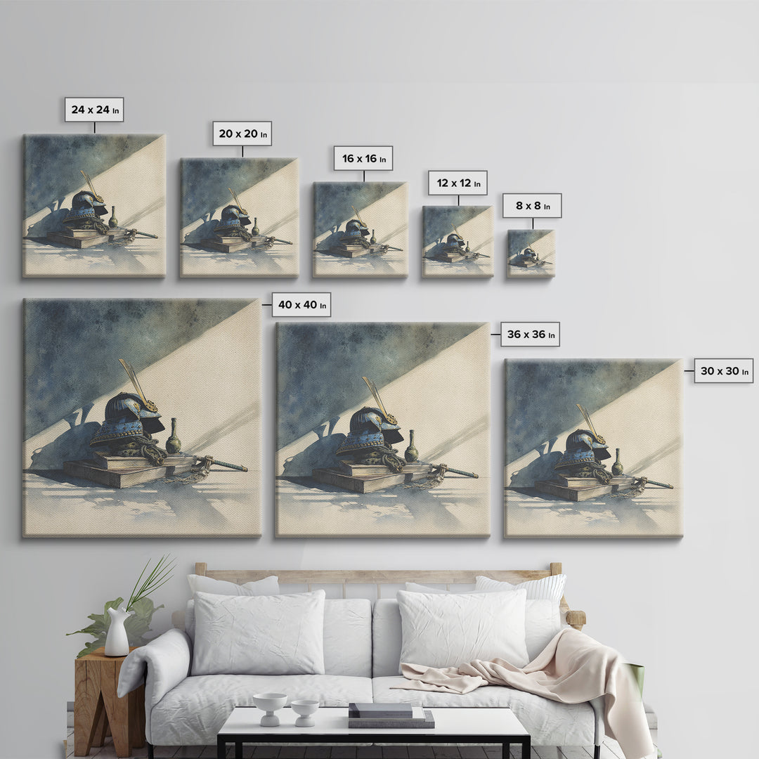 Samurai Helmet Still Life Framed Canvas Print, Asian Inspired Art, Japanese Wall Art, Living Room Decor, Fine Art, Harmony, ASI-1x1-7