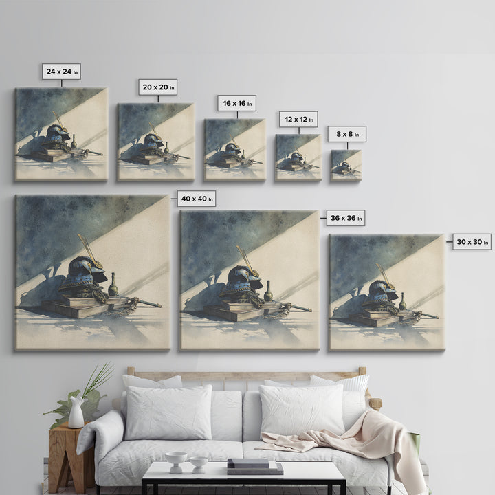 Samurai Helmet Still Life Framed Canvas Print, Asian Inspired Art, Japanese Wall Art, Living Room Decor, Fine Art, Harmony, ASI-1x1-7