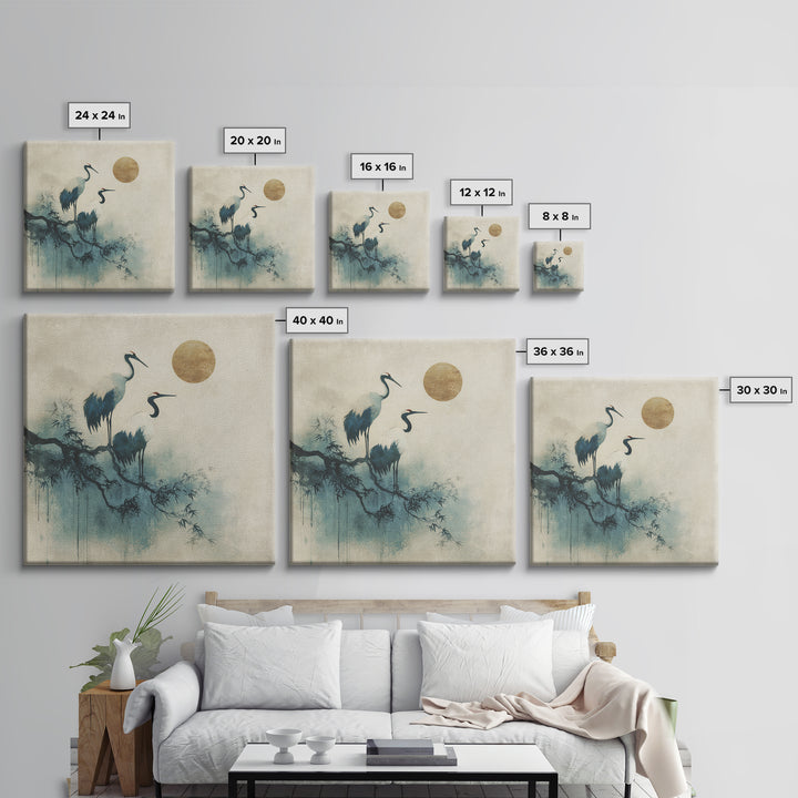 Crane and Moon Composition Framed Canvas Print, Asian Inspired Art, Japanese Art Print, Living Room Decor, Abstract Art, ASI-1x1-72