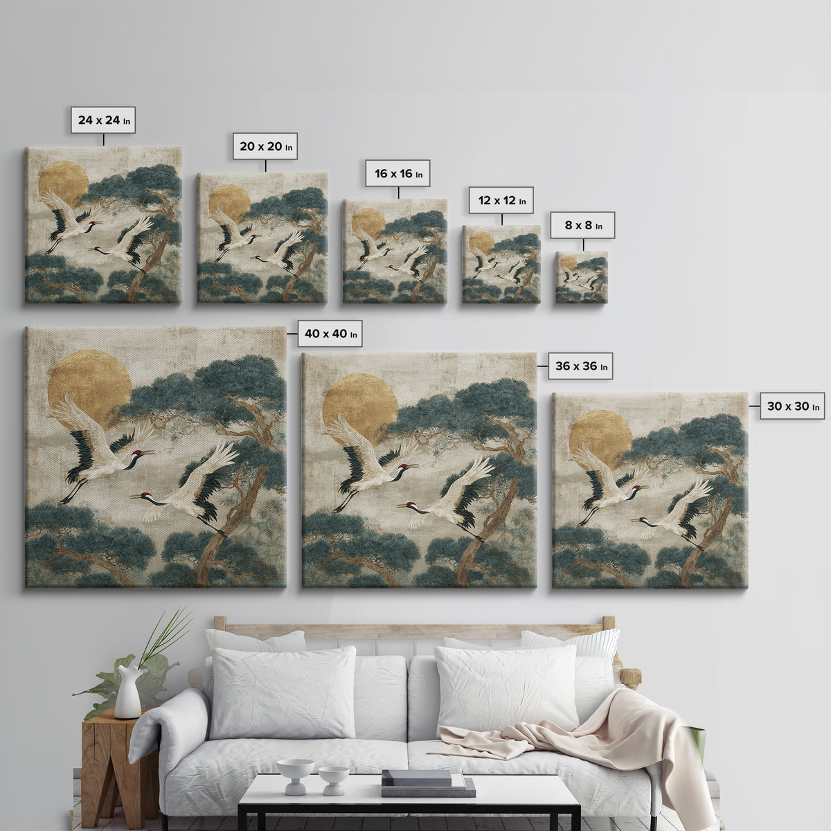 Red Crowned Cranes Flying Through Misty Pine Canvas Print, Asian Inspired Art, Art Print, Living Room Decor, Harmony, ASI-1x1-73