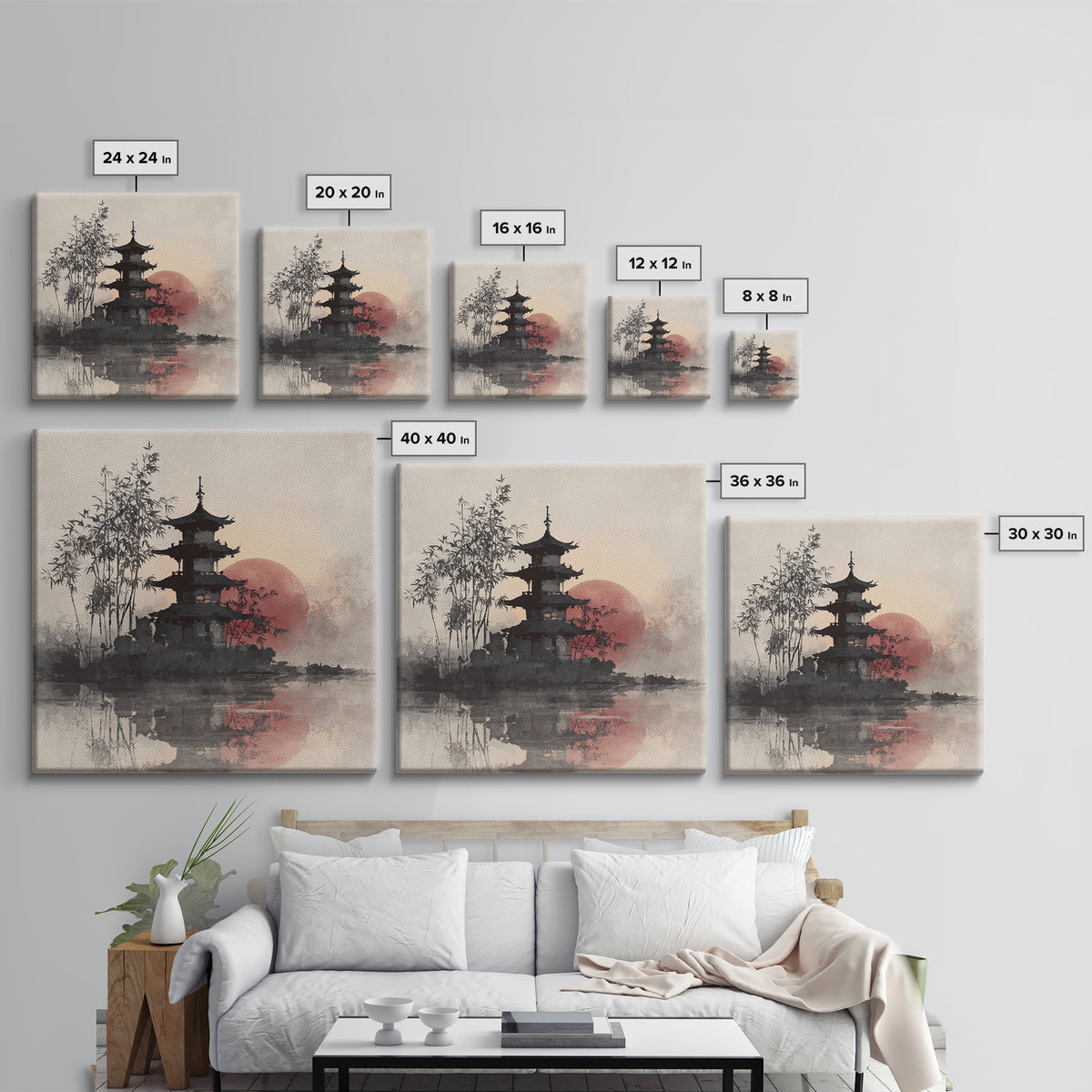 Pagoda Silhouette at Sunset Framed Canvas Print, Asian Inspired Art, Statement Artwork, Living Room Decor, Fine Art, Harmony, ASI-1x1-83