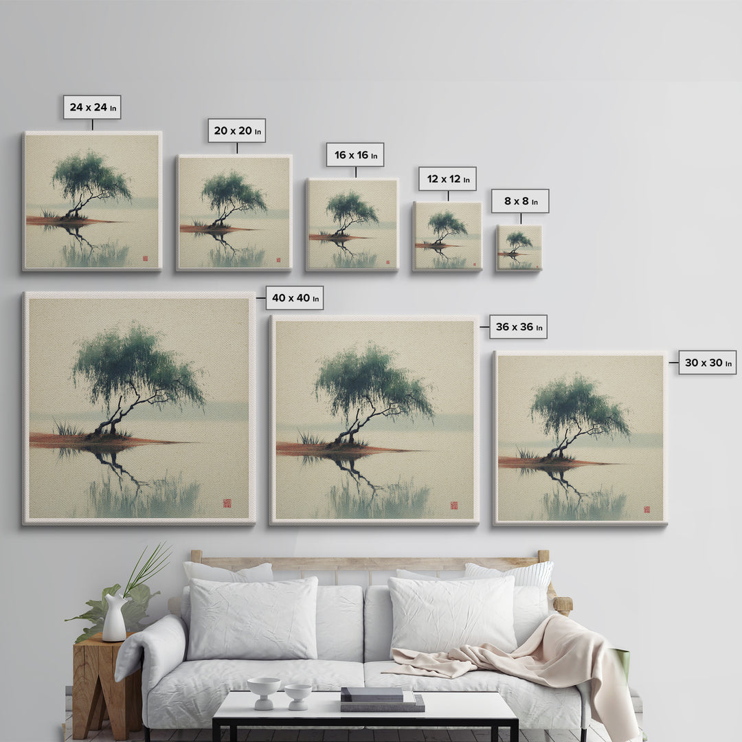 Willow Tree over a Reflective Pond Canvas Print, Asian Inspired Art, Spiritual Wall Art, Living Room Decor, Fine Art, Harmony, ASI-1x1-90