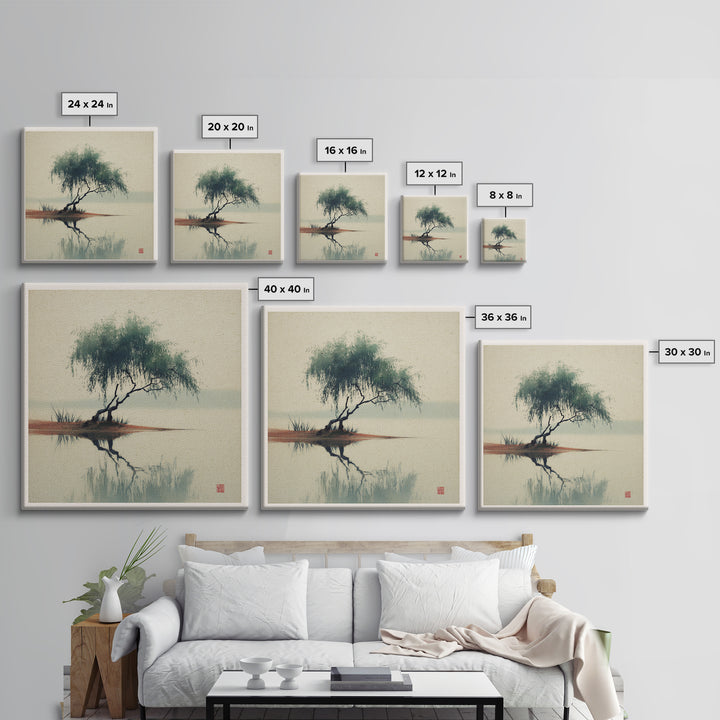 Willow Tree over a Reflective Pond Canvas Print, Asian Inspired Art, Spiritual Wall Art, Living Room Decor, Fine Art, Harmony, ASI-1x1-90
